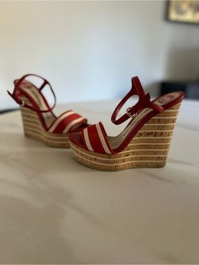 Gucci Red and White Striped Cork Wedge Sandals